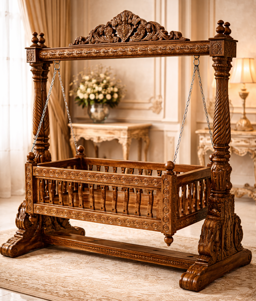 Royal Heritage Hand-Carved Teakwood Baby Jhula Cradle with Sculpted Crest Frame