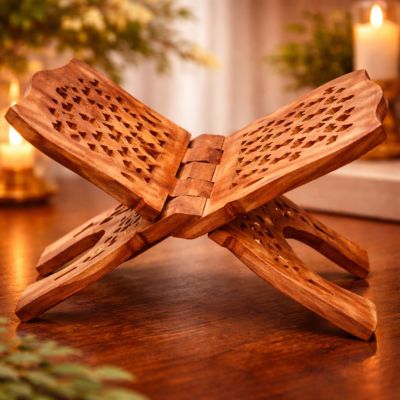 Hand-Carved Sheesham Wood Folding Rehal with Intricate Lattice Jali Work