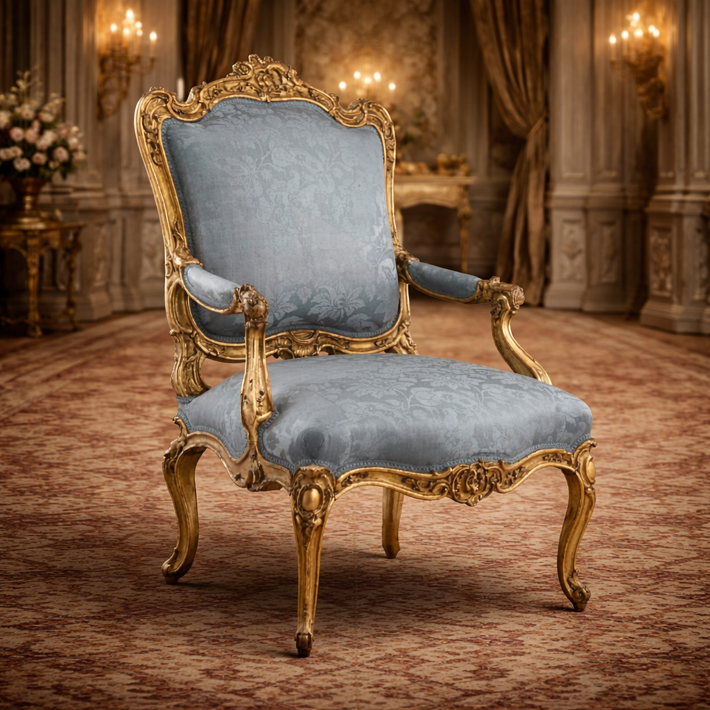 Royal Carved Teakwood Accent Arm Chair with Upholstered Frame