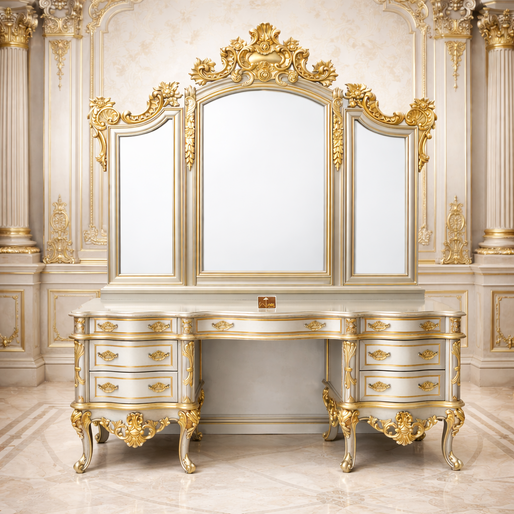 Grand Maharaja Teakwood Dressing Console with Triple Crown Mirror & Gold Carving