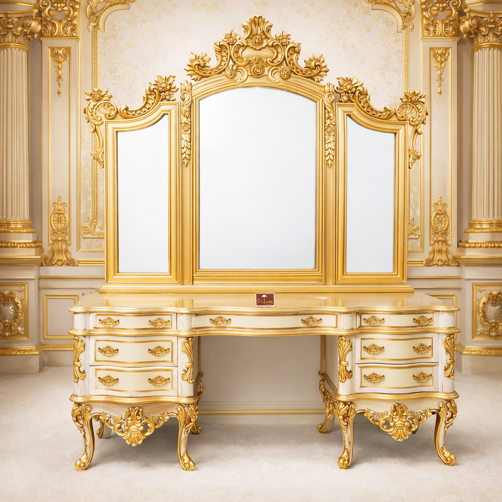 Grand Maharaja Teakwood Dressing Console with Triple Crown Mirror & Gold Carving