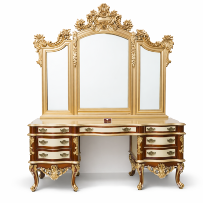 Grand Maharaja Teakwood Dressing Console with Triple Crown Mirror & Gold Carving