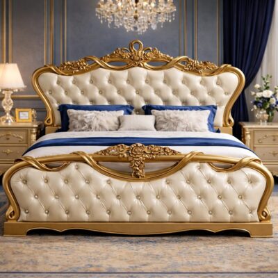 Royal Heritage Teakwood Upholstered Storage Bed with side table | LW - 6.5 x 6 Ft |