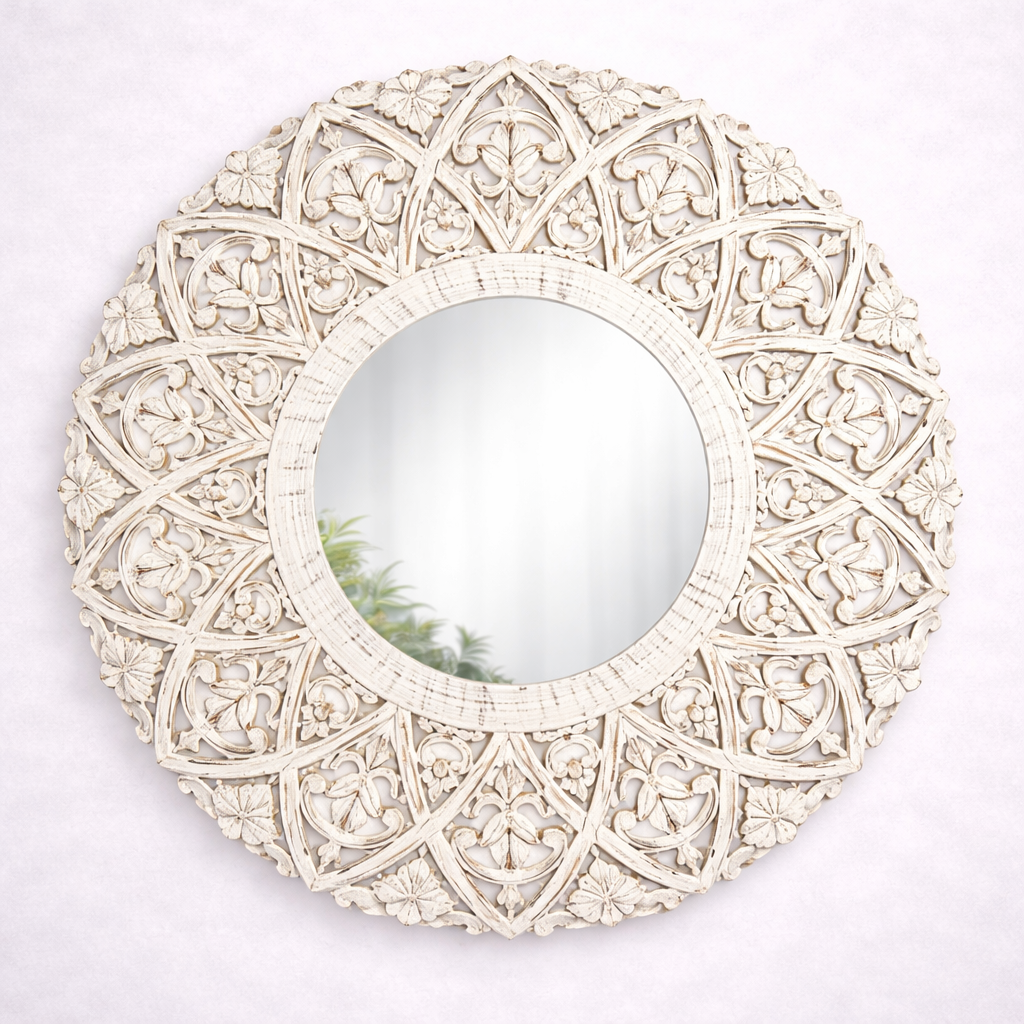 Hand-Carved Solid Teakwood Round Wall Mirror with Floral Mandala Frame