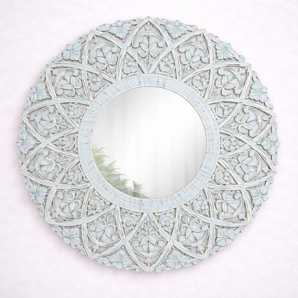 Hand-Carved Solid Teakwood Round Wall Mirror with Floral Mandala Frame