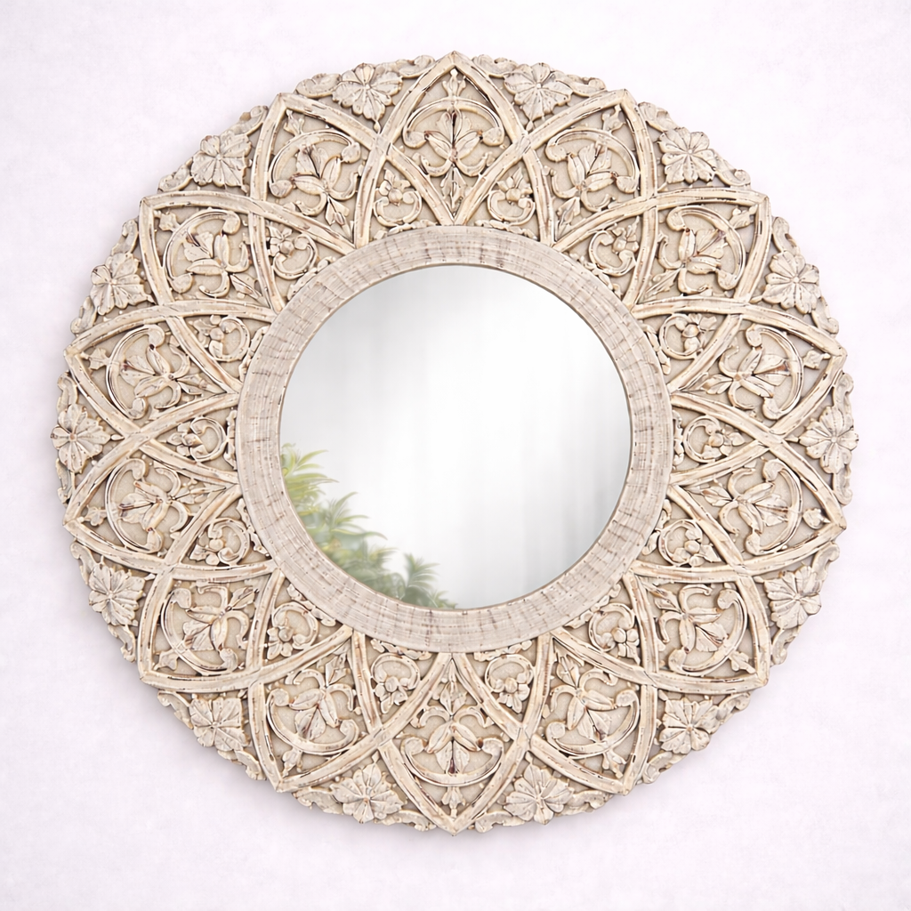 Hand-Carved Solid Teakwood Round Wall Mirror with Floral Mandala Frame