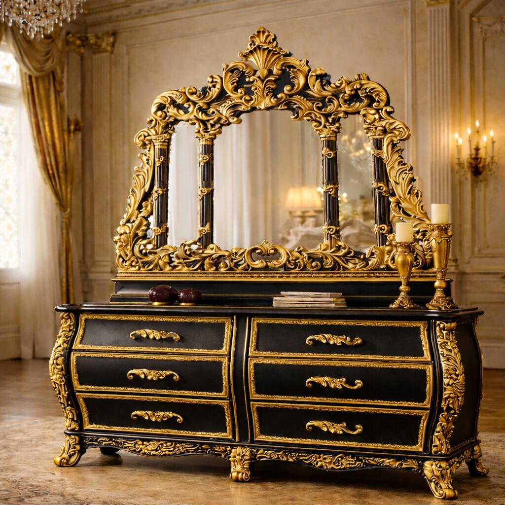 Grand Royal Maharaja Teakwood Dressing Console with Ornate Crown Mirror & Gold Detailing