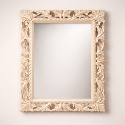 Classic Rectangular Solid Teakwood Wall Mirror Frame with Floral Carved Border