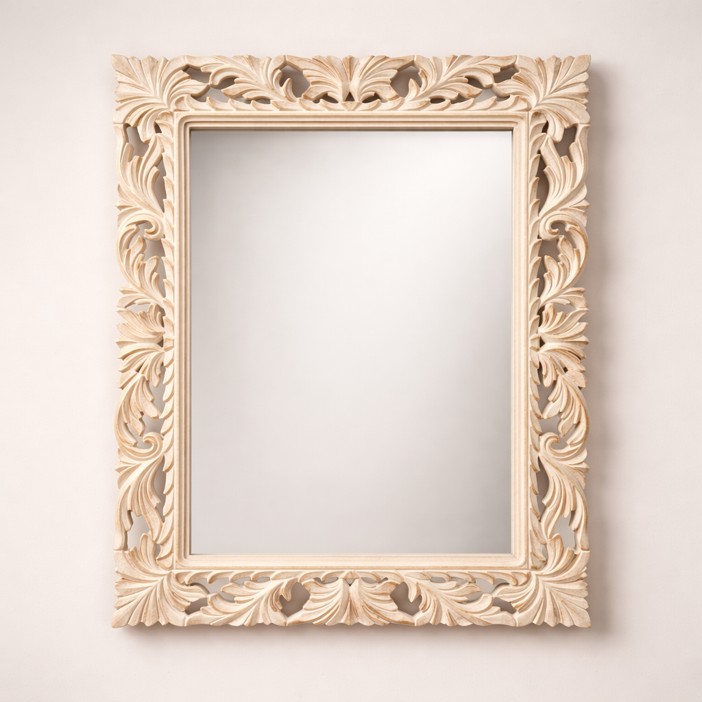 Classic Rectangular Solid Teakwood Wall Mirror Frame with Floral Carved Border