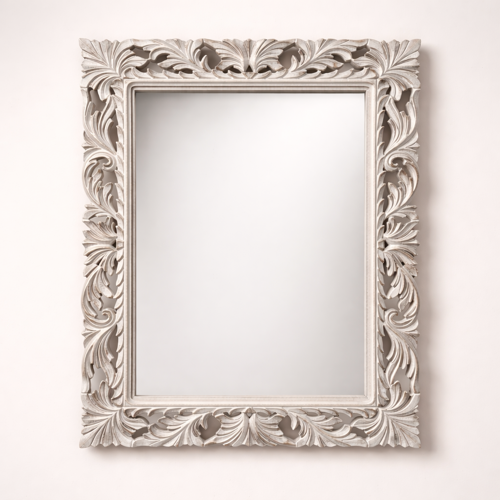 Classic Rectangular Solid Teakwood Wall Mirror Frame with Floral Carved Border
