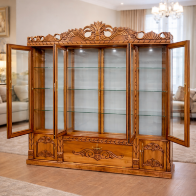 Grand Solid Teakwood Glass Door Crockery Cabinet with Royal Hand-Carved Detailing