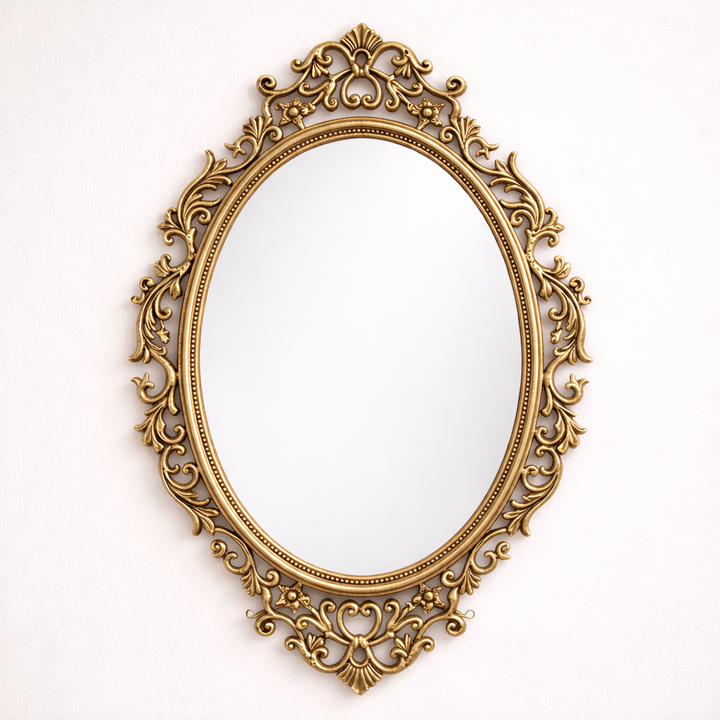 Imperial Oval Solid Teakwood Wall Mirror with Intricate Gold Carved Frame