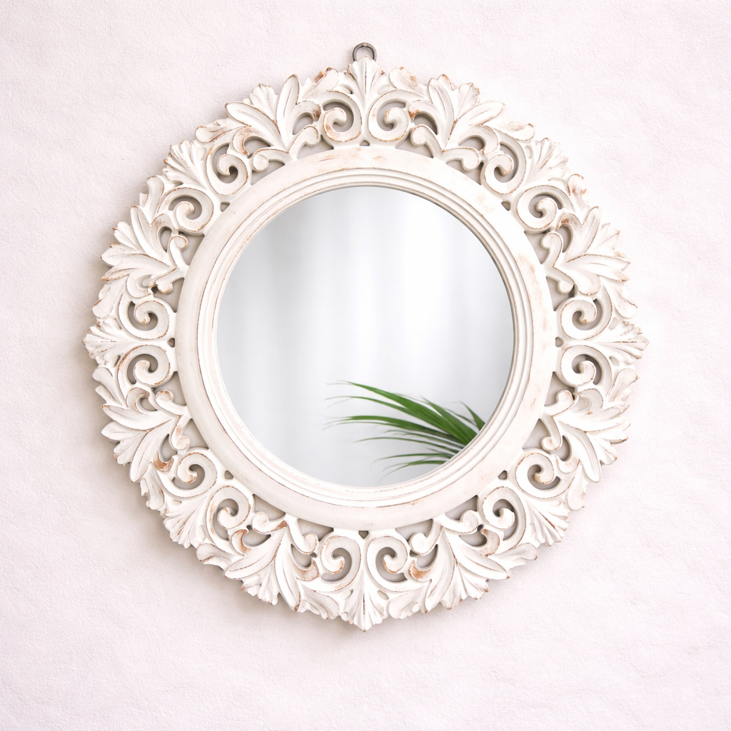Vintage Round Solid Teakwood Wall Mirror with Floral Carved Frame