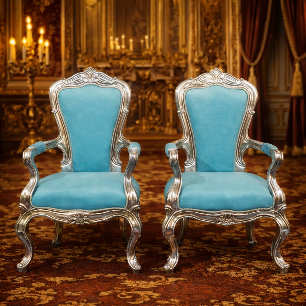 Royal Azure Crest Teakwood Accent Arm Chairs – Set of 2