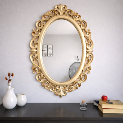 Royal Oval Solid Teakwood Wall Mirror with Ornate Gold Carved Frame