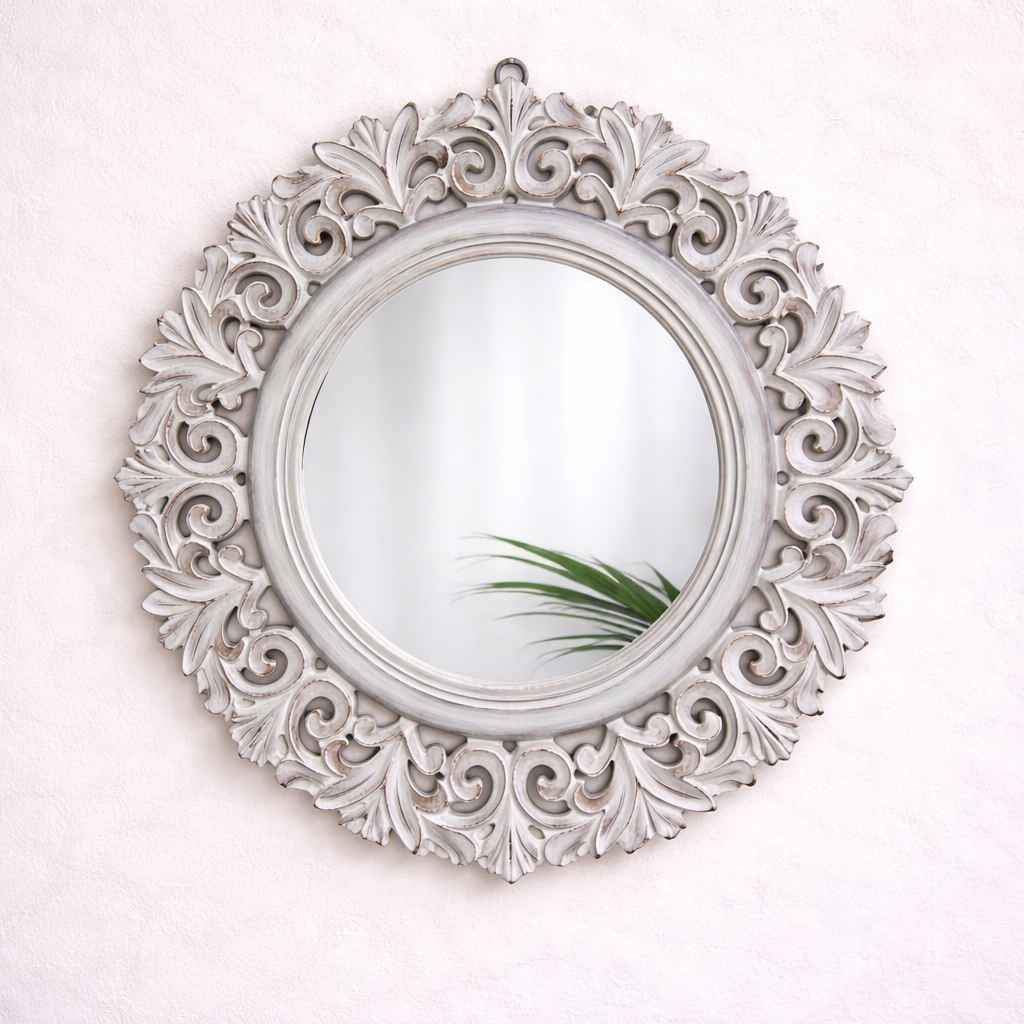 Vintage Round Solid Teakwood Wall Mirror with Floral Carved Frame