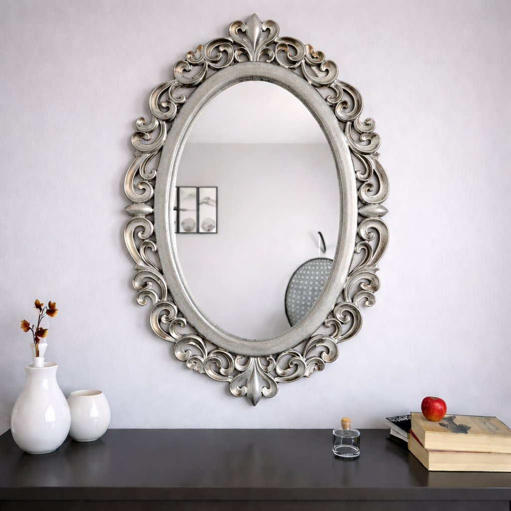 Royal Oval Solid Teakwood Wall Mirror with Ornate Gold Carved Frame