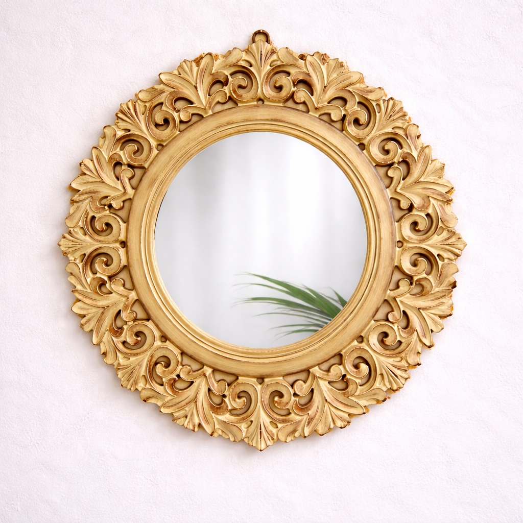 Vintage Round Solid Teakwood Wall Mirror with Floral Carved Frame