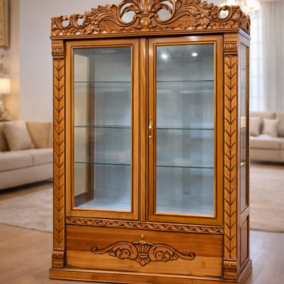 Classic Solid Teakwood 2 Door Glass Crockery Cabinet with Hand-Carved Crown