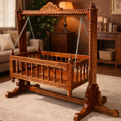 Grand Heritage Spiral-Pillar Hand-Carved Teakwood Baby Jhula Cradle with Freestanding Frame