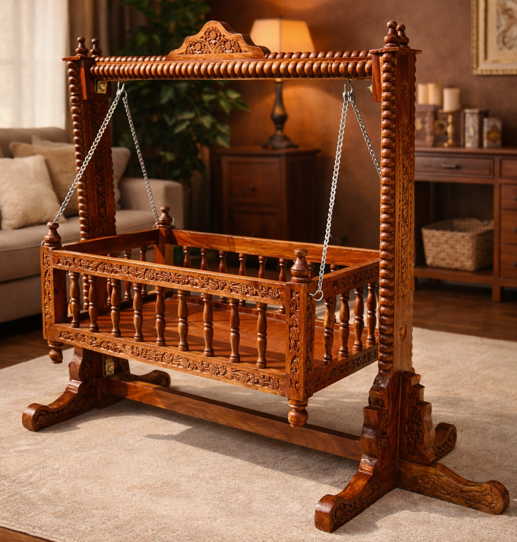 Grand Heritage Spiral-Pillar Hand-Carved Teakwood Baby Jhula Cradle with Freestanding Frame