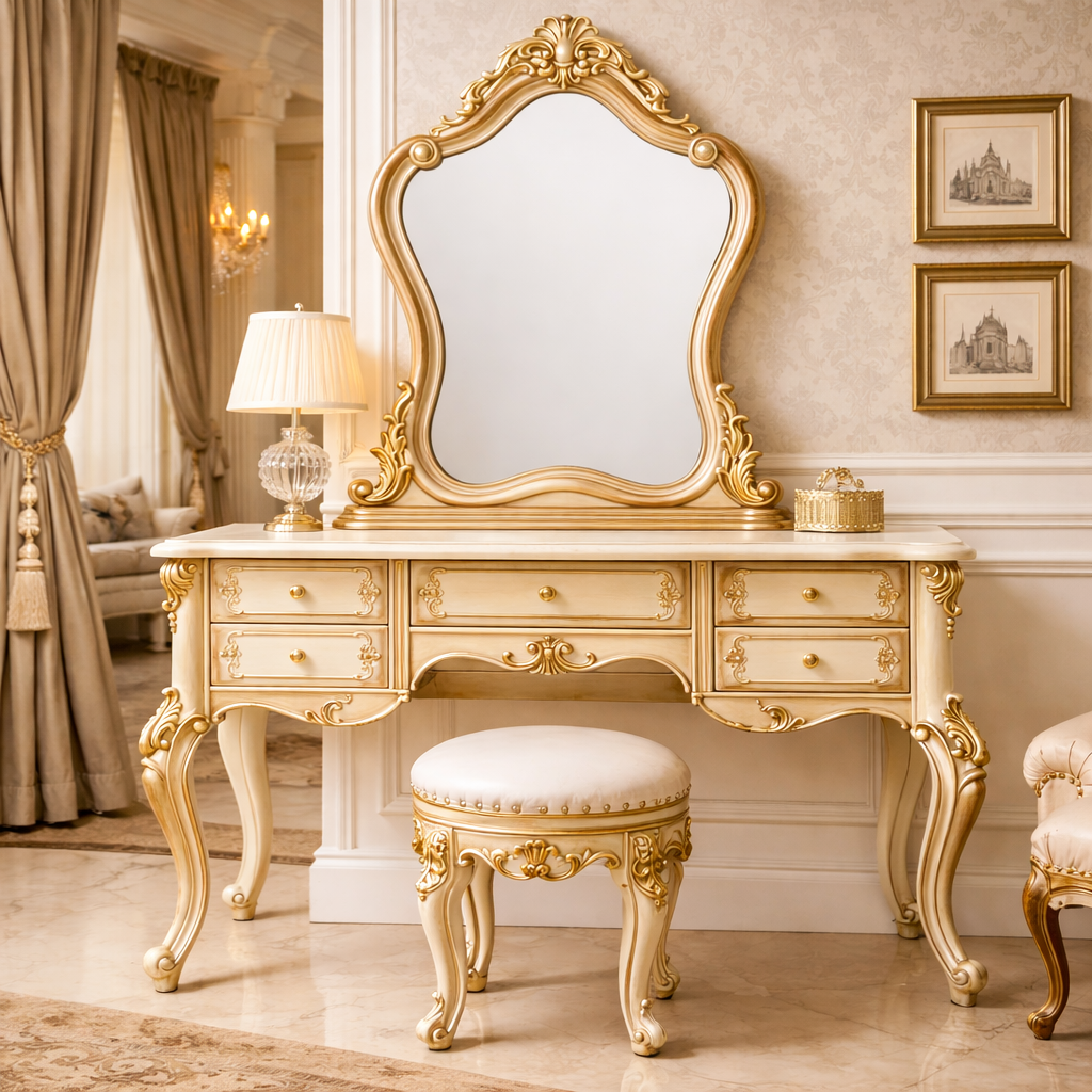 Classic Royal Teakwood Dressing Table with Sculpted Gold Mirror Frame