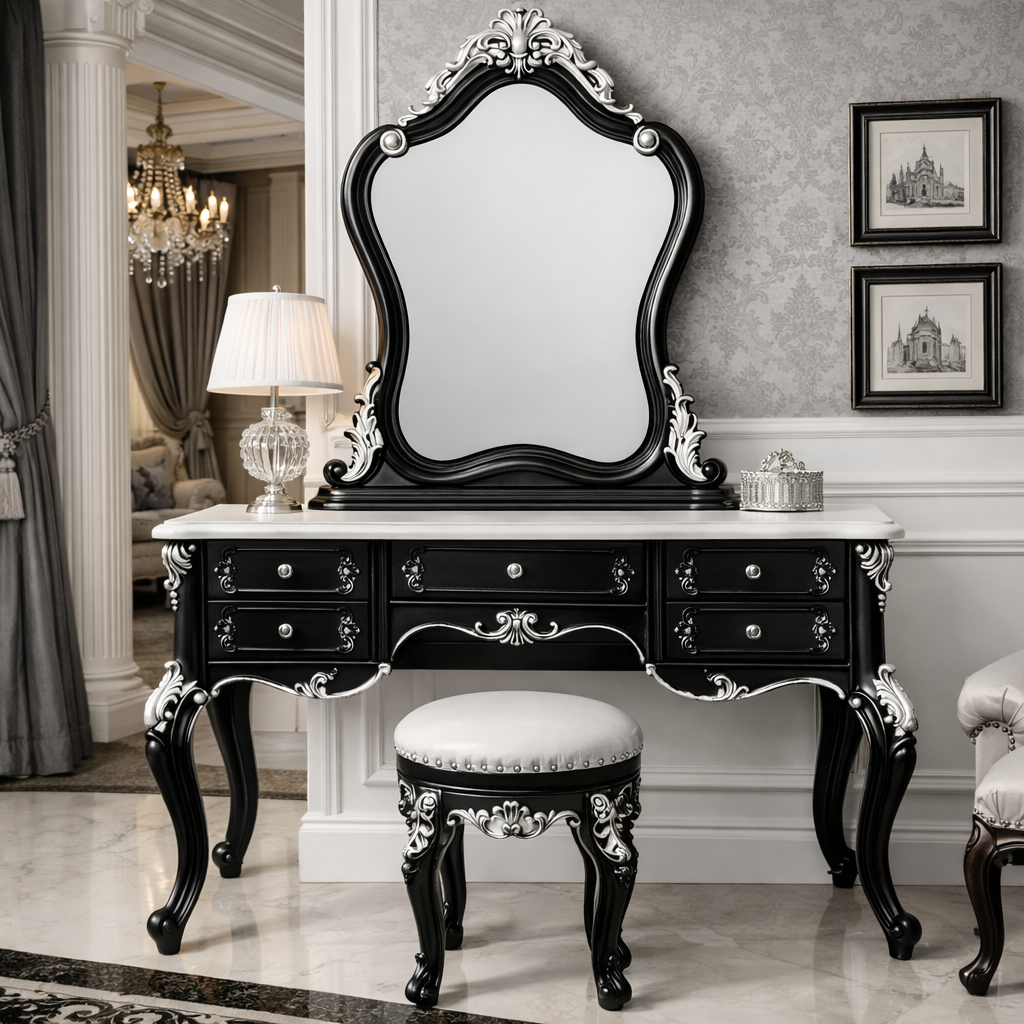 Classic Royal Teakwood Dressing Table with Sculpted Gold Mirror Frame