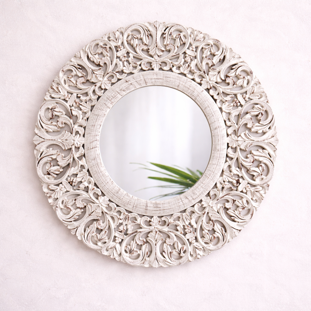 Ornate Round MDF Wall Mirror with Intricate Floral Cutwork Frame