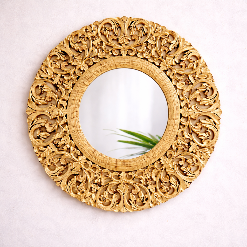 Ornate Round MDF Wall Mirror with Intricate Floral Cutwork Frame