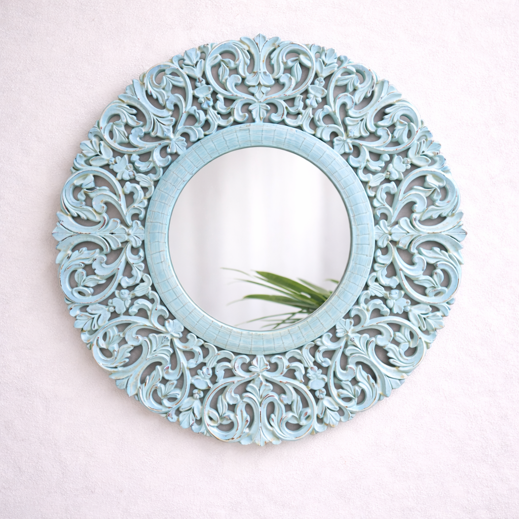 Ornate Round MDF Wall Mirror with Intricate Floral Cutwork Frame