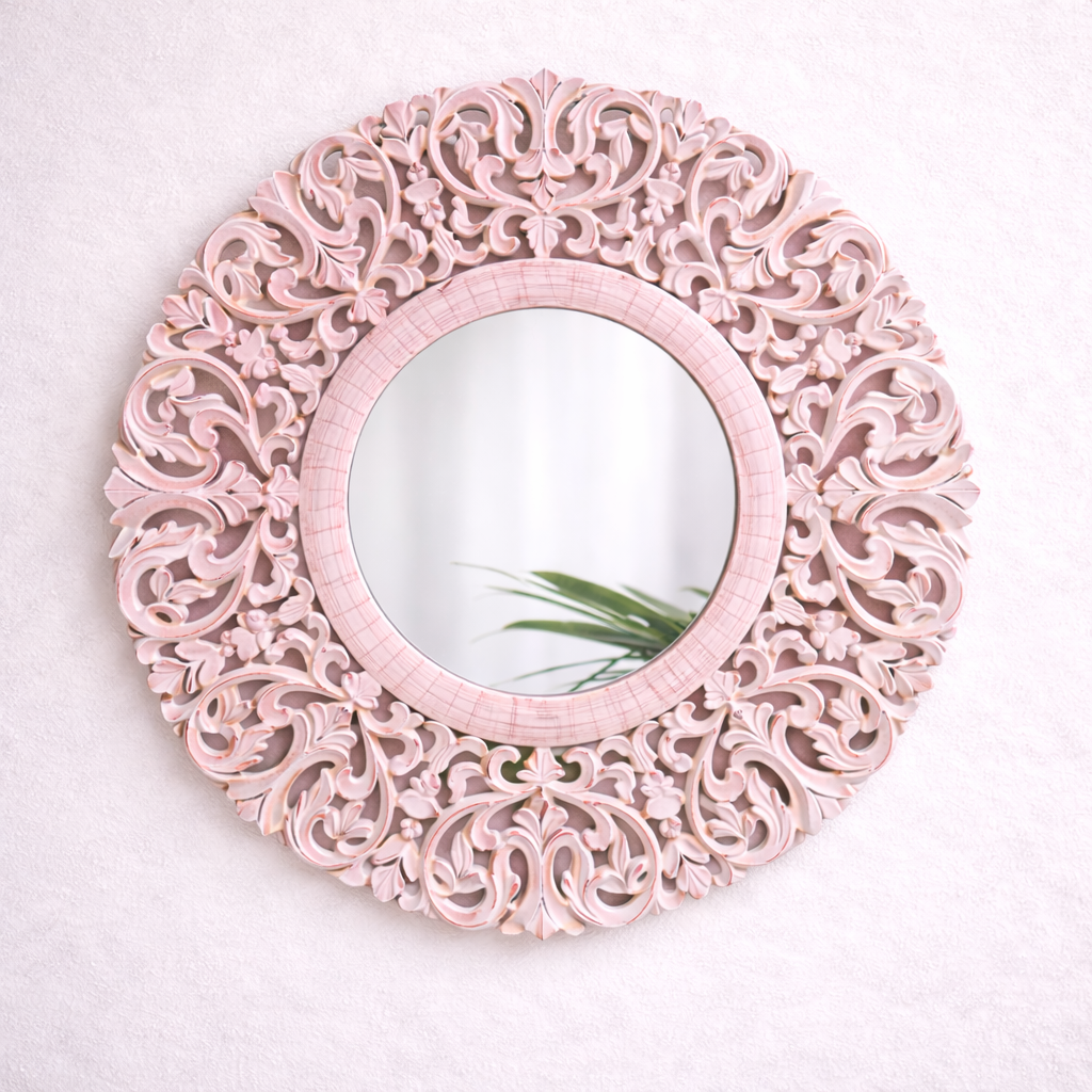 Ornate Round MDF Wall Mirror with Intricate Floral Cutwork Frame