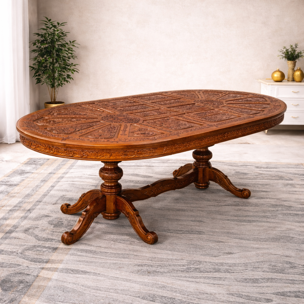 Heritage Oval Hand-Carved 6-Seater Dining Set in Teakwood