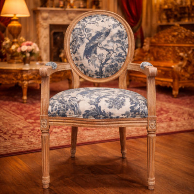 Classic Round Back Teakwood Accent Chair with Upholstered Seat