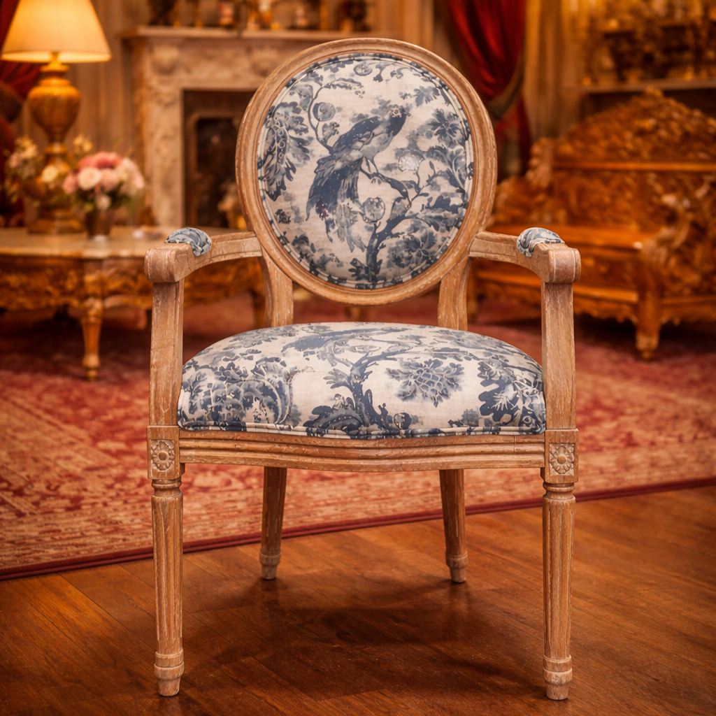 Classic Round Back Teakwood Accent Chair with Upholstered Seat