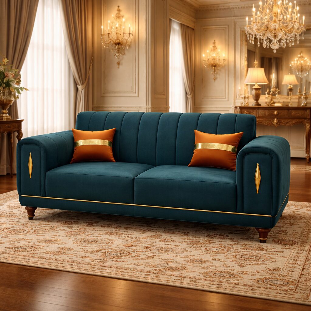 Royal Teakwood Frame 2-Seater Luxury Sofa with Velvet Upholstery