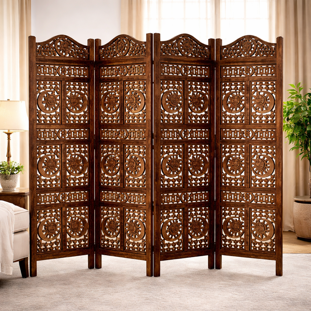 Intricately Carved Teakwood 4-Panel Folding Room Divider (Partition)
