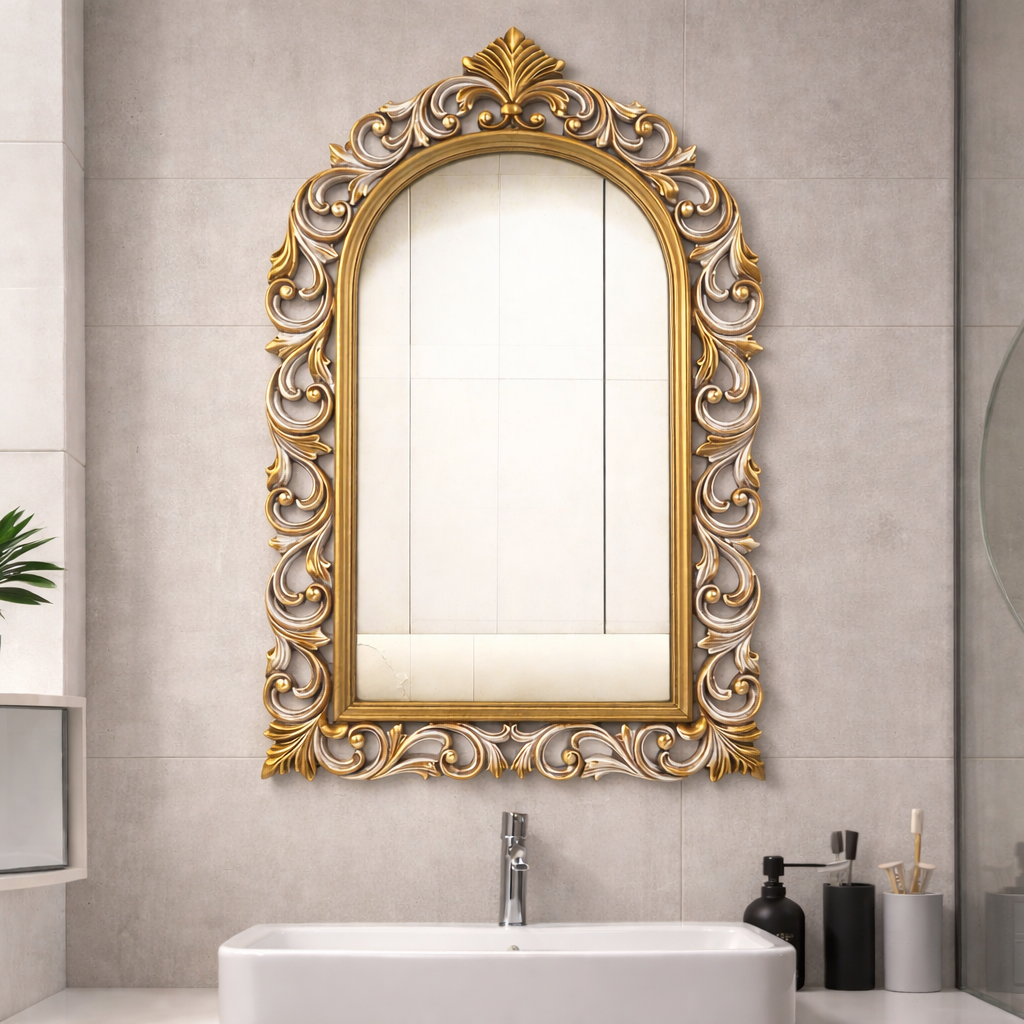 Arch Design MDF Wall Mirror with Royal Gold Ornamental Frame