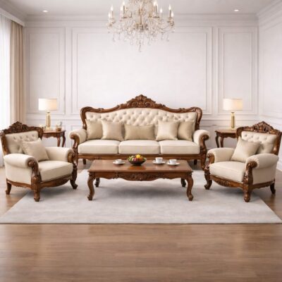 Royal Heritage Teakwood Hand-Carved Sofa Set with Center Table