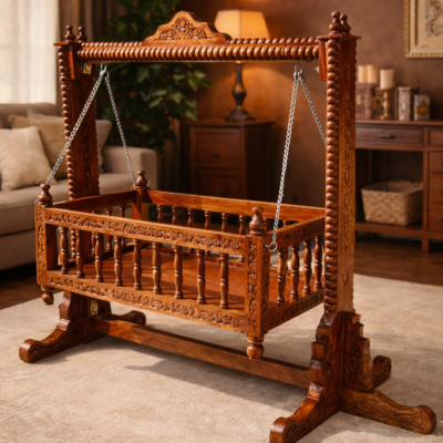 Heritage Hand-Turned Teakwood Baby Jhula Cradle with Classic Freestanding Frame