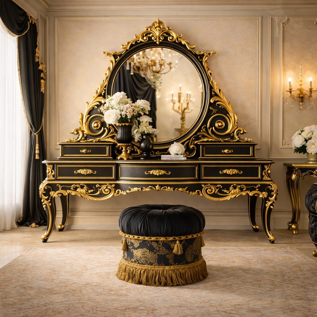 Imperial Round Crown Teakwood Dressing Console with Grand Carved Gold Frame