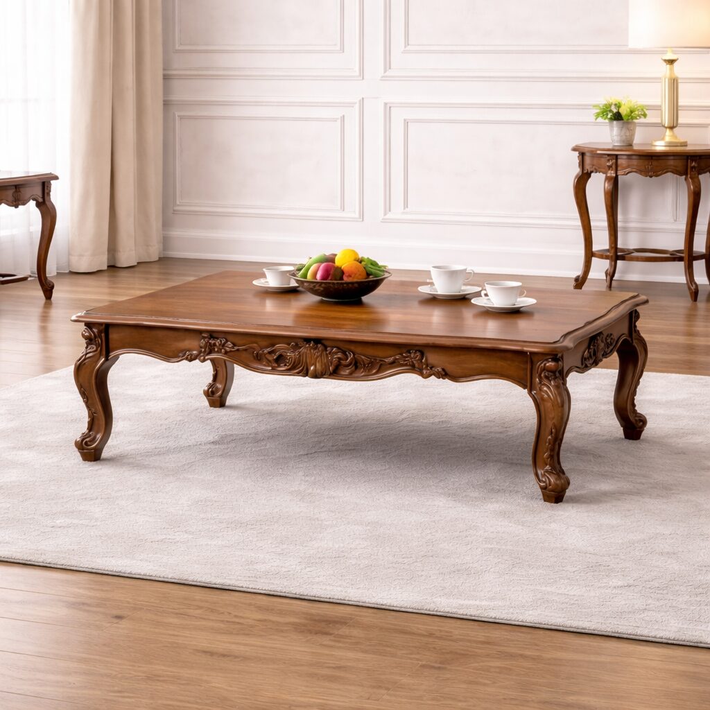 Royal Heritage Teakwood Hand-Carved Sofa Set with Center Table