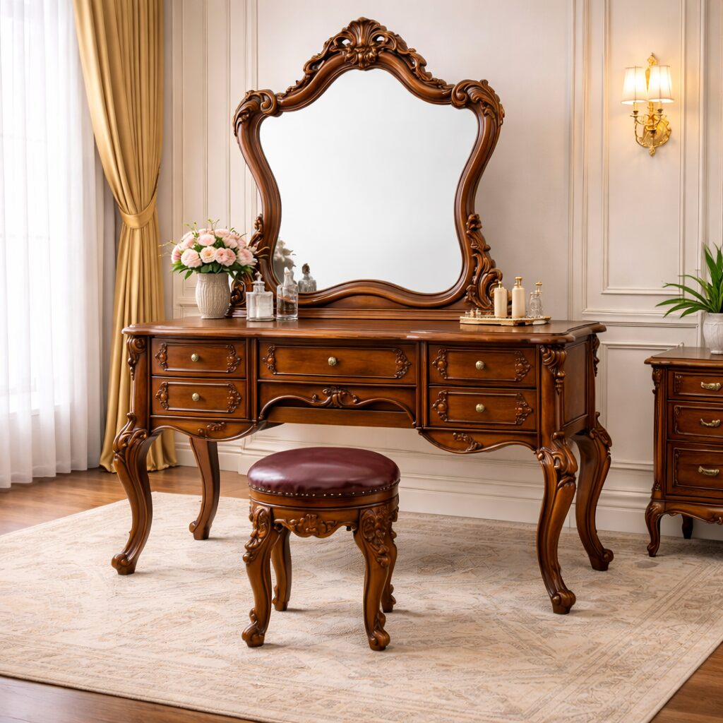 Classic Royal Teakwood Dressing Table with Sculpted Gold Mirror Frame