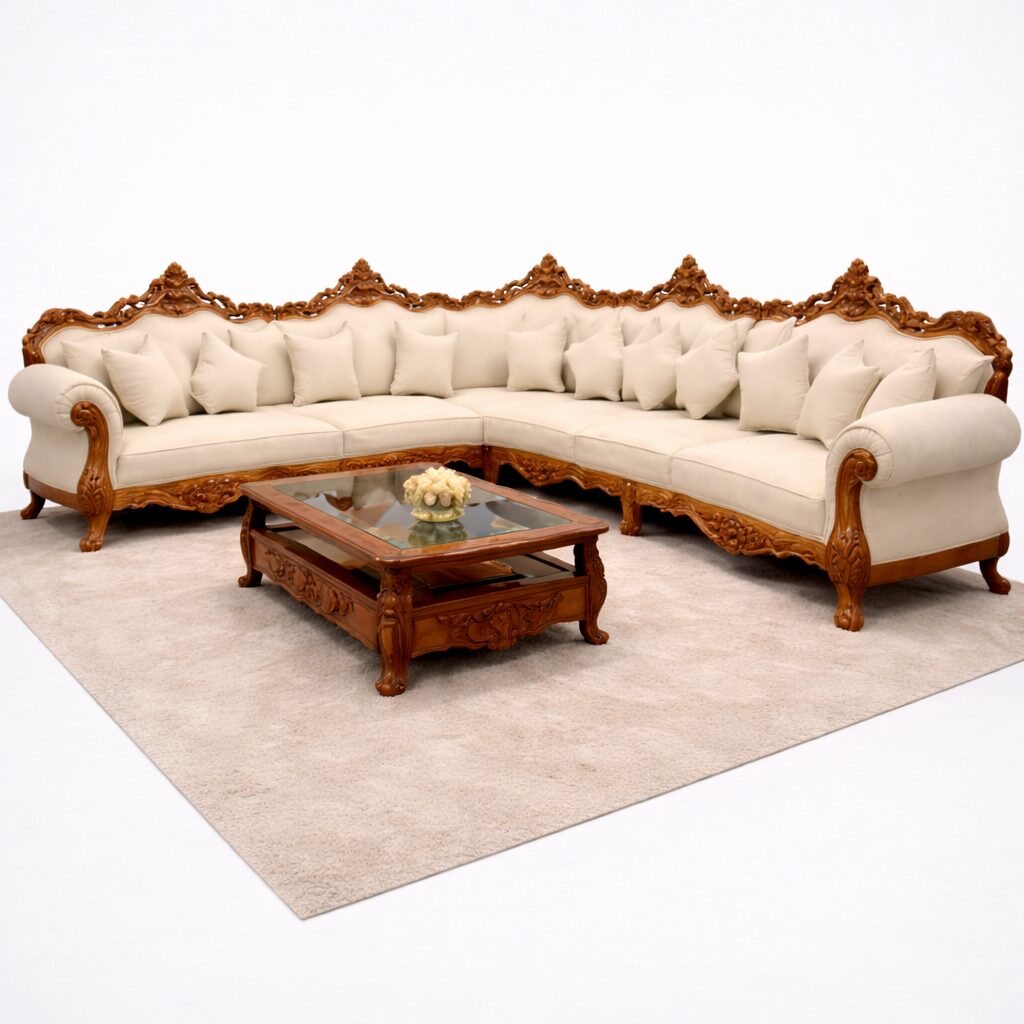 Luxury Royal 12-Seater Teakwood Hand-Carved Sofa Set with Center Table