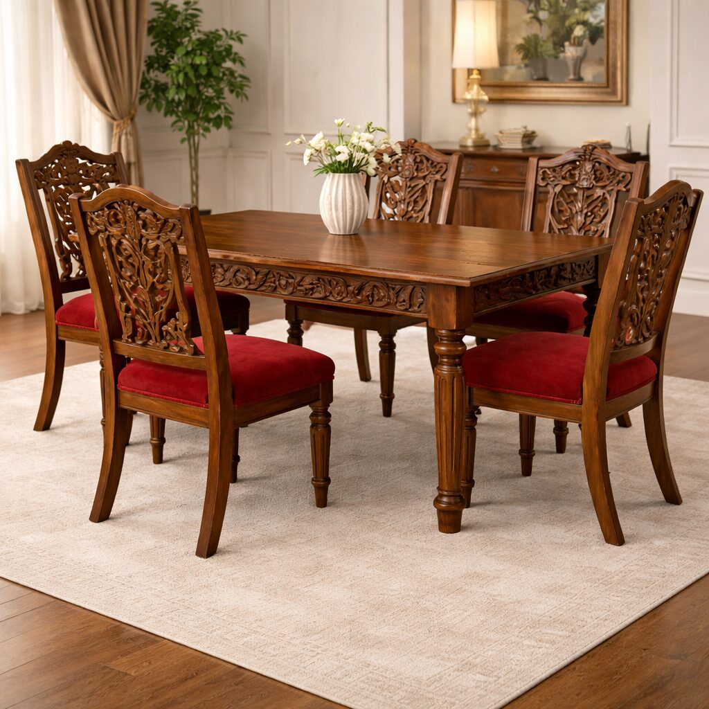 Traditional Carved 6-Seater Dining Set in Teakwood