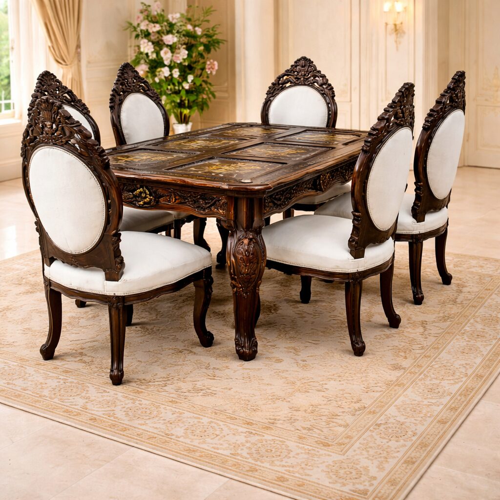 Classic Dark Finish 6-Seater Hand-Carved Dining Set in Teakwood