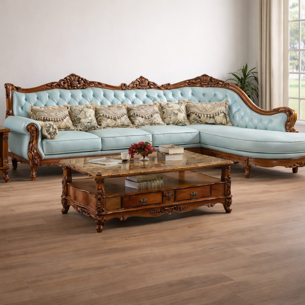 Luxury Royal L-Shape Hand-Carved Teakwood Sectional Sofa with Center Table