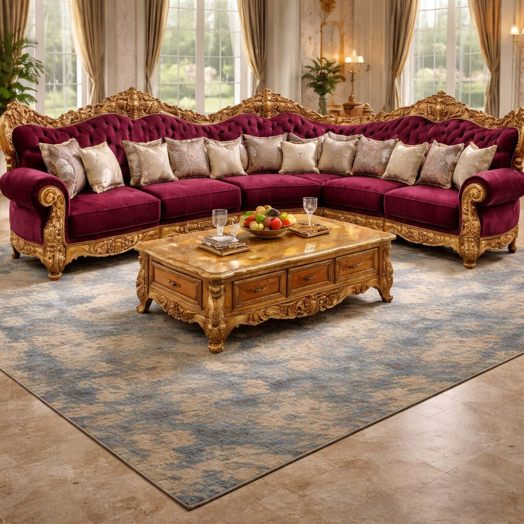 Imperial Luxury Hand-Carved Teakwood Sectional Sofa Set with Center Table