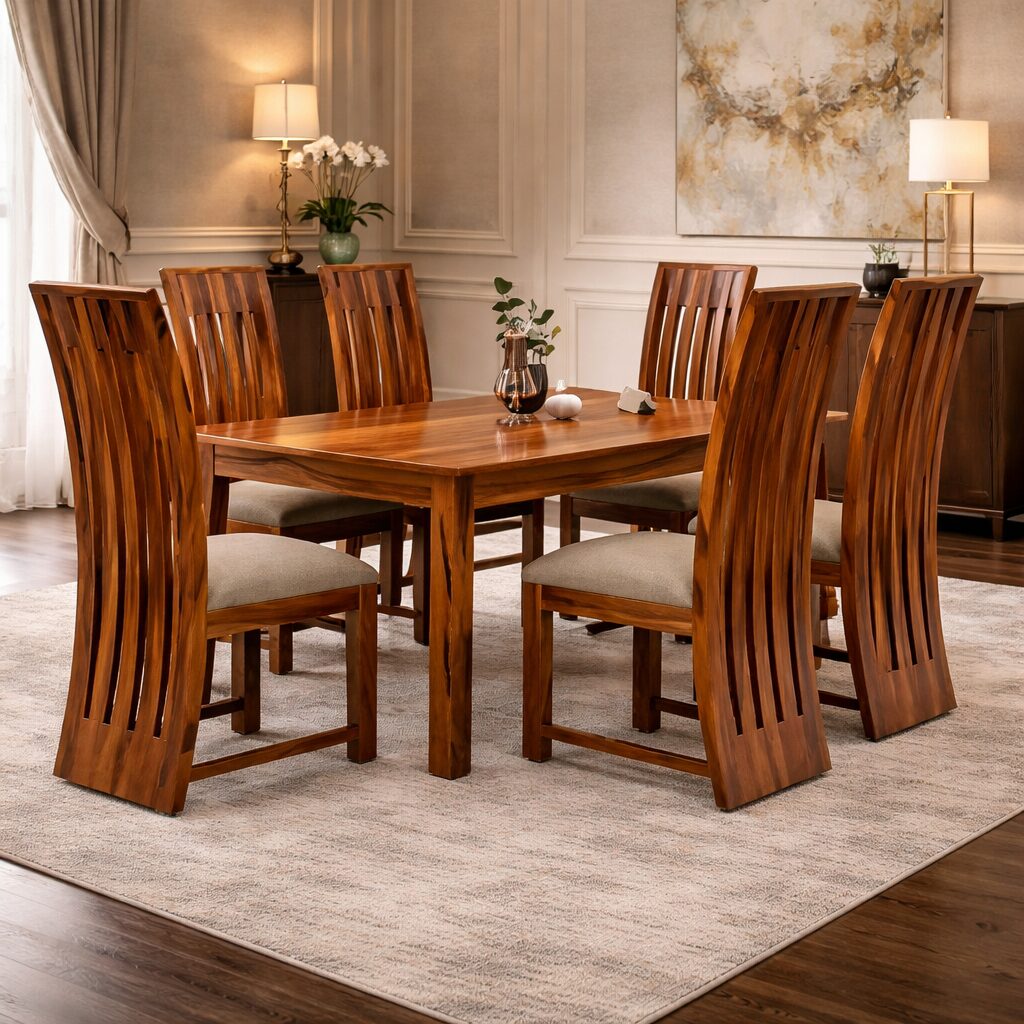 Contemporary Wave-Back 6-Seater Dining Set in Teakwood