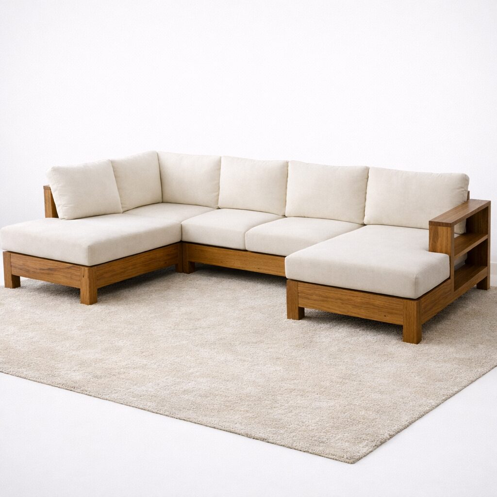 Modern Solid Teakwood L-Shape Sectional Sofa