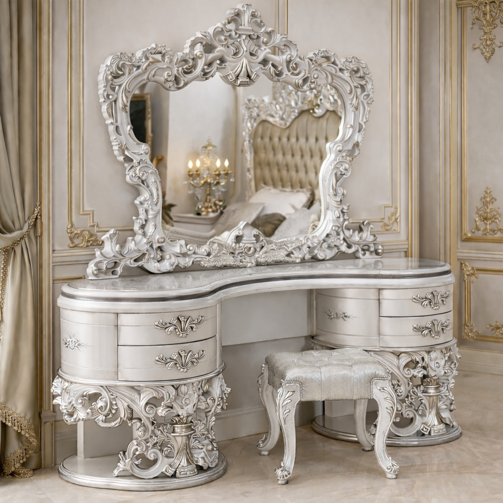 Grand Imperial Maharaja Teakwood Dressing Console with Twin Ornate Mirror Frame